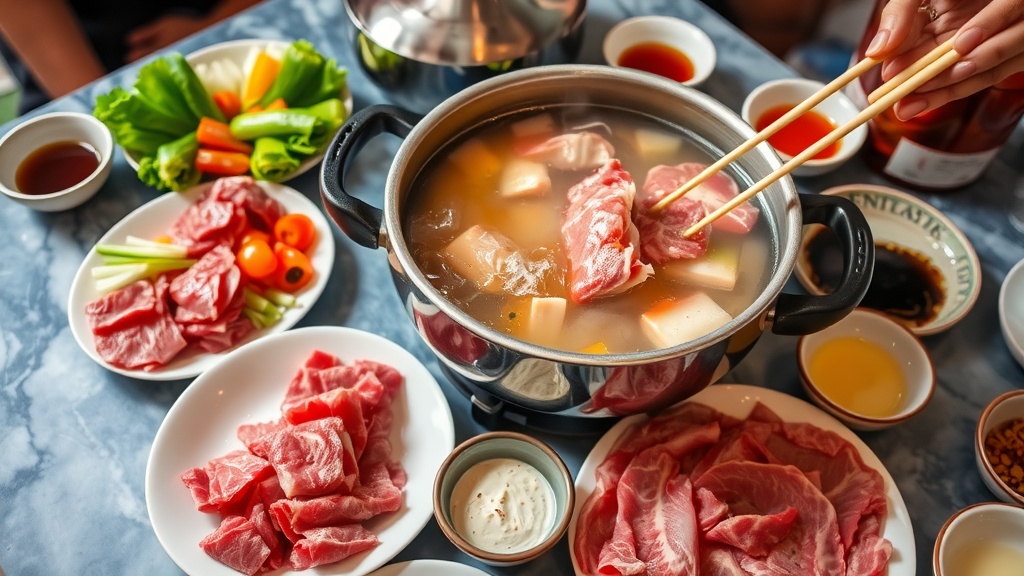 Authentic Beef Shabu-Shabu Recipe Hot pot of Beef Shabu-Shabu with raw beef, vegetables, and dipping sauces on a table.